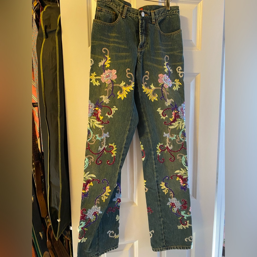 Shanghai Tang embroidered beaded jeans